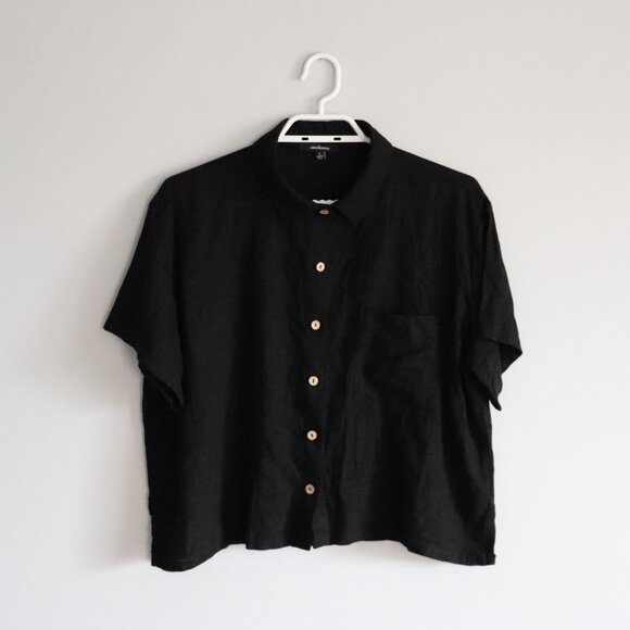 Ambiance Women's Black Sz Lrg Buttoned Linen Collared Short Sleeve Blouse Top - Picture 1 of 13